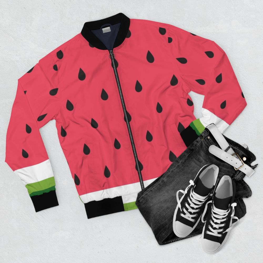 Colorful abstract watermelon pattern bomber jacket - Flat lay