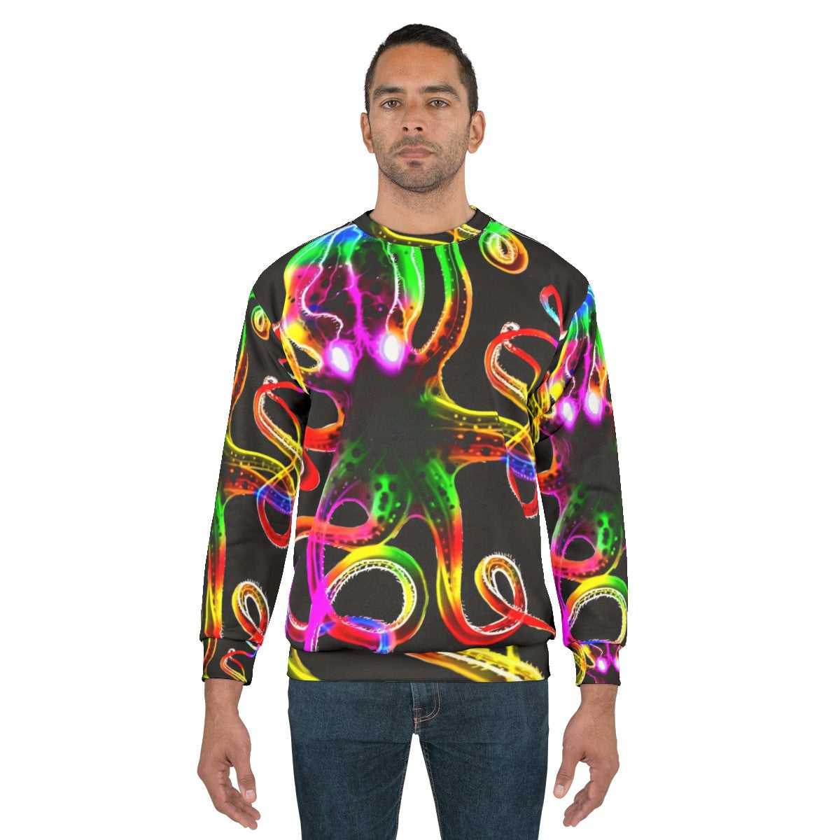 A vibrant rainbow octopus glowing in the dark on a sweatshirt - men