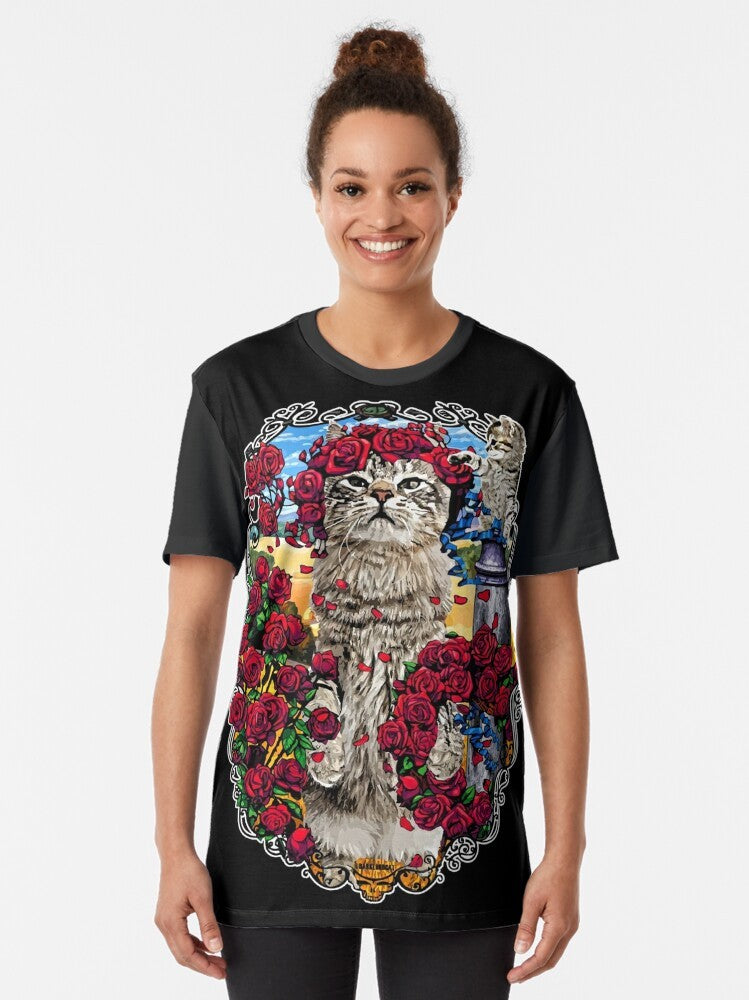 Graphic t-shirt design featuring grateful cats and roses - Women