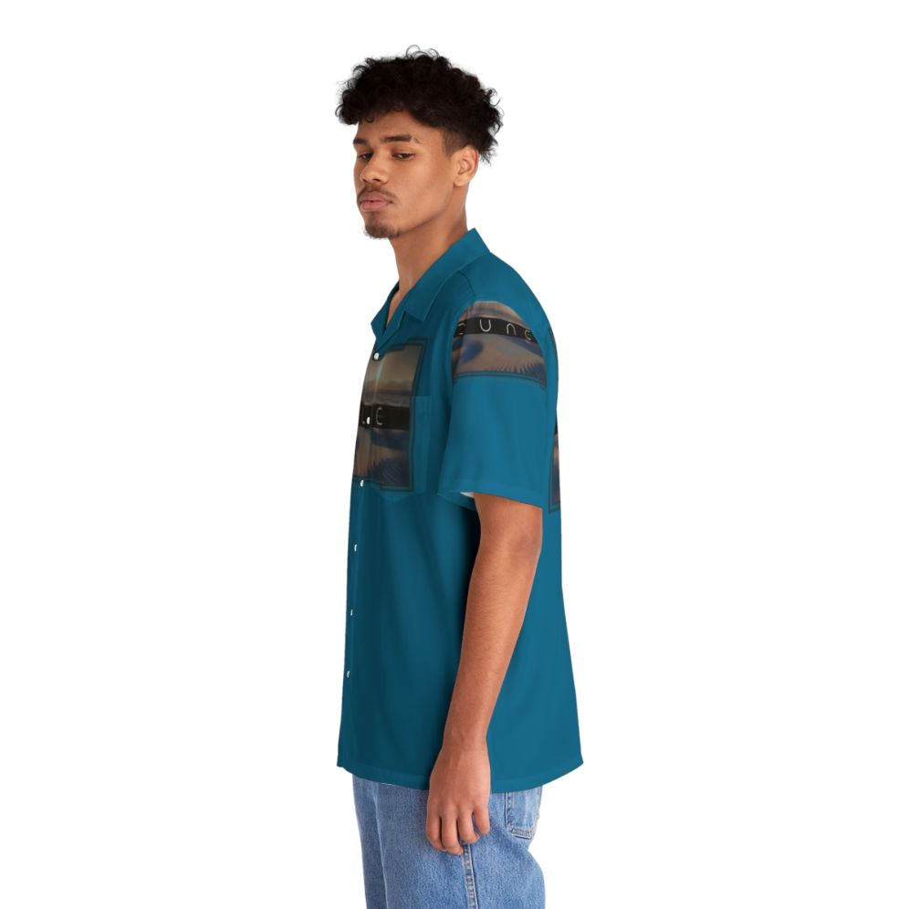 Dune-inspired blue Hawaiian shirt with desert planet and two moons design - People Left