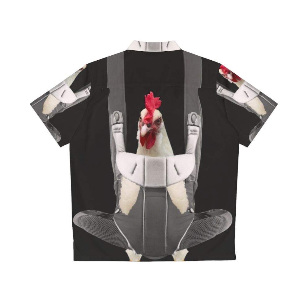 Chicken in baby carrier wearing a Hawaiian shirt - Back