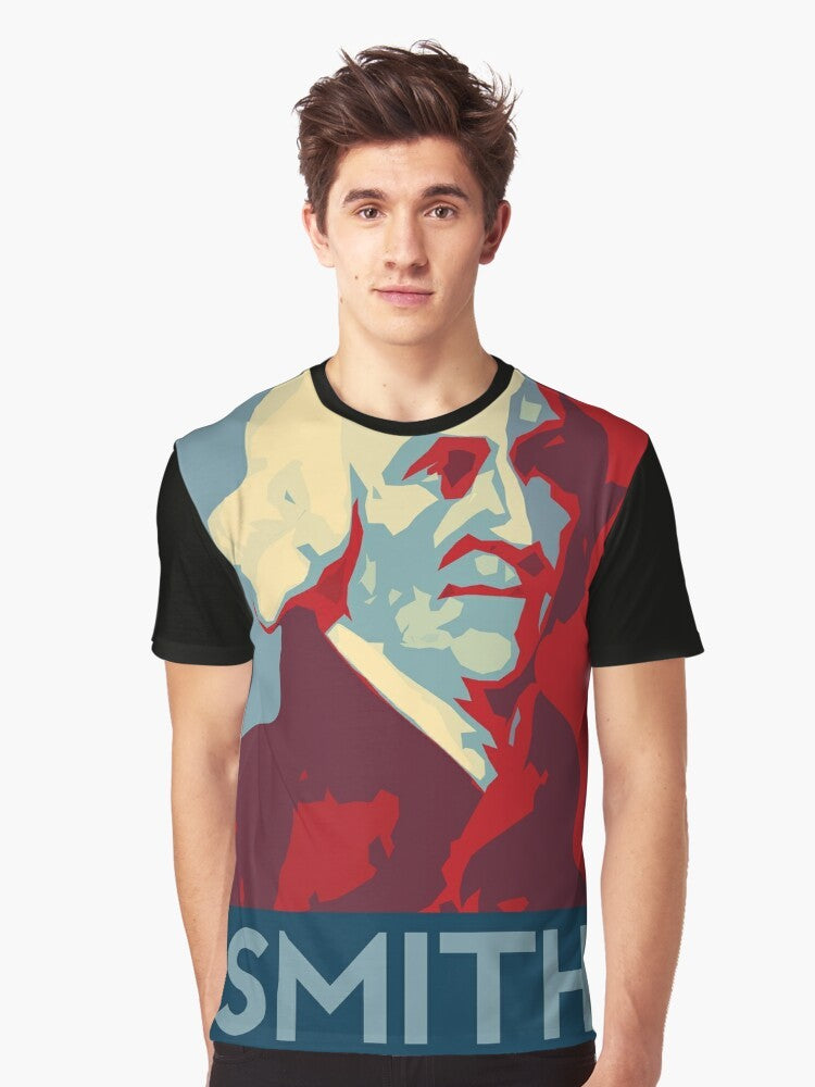 Adam Smith Hope Poster Graphic T-Shirt showcasing the iconic figure of the father of modern capitalism - Men