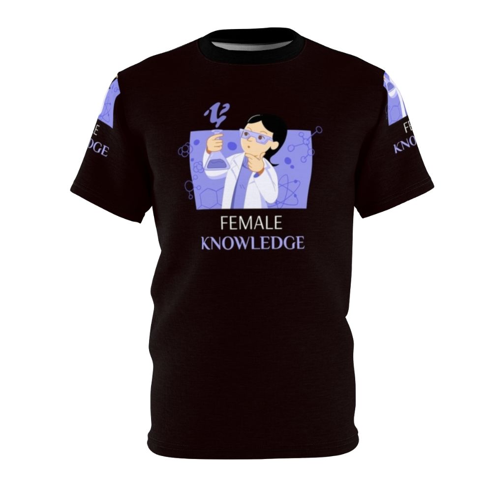 A t-shirt design featuring the text "Female Knowledge Fun Science" with symbols and imagery related to science, feminism, and female empowerment.