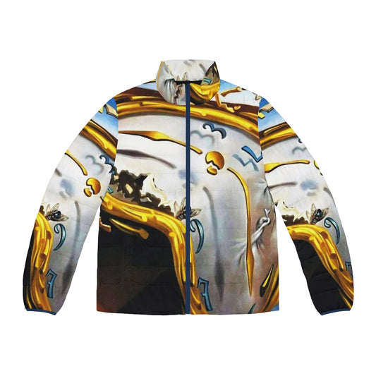 Salvador Dali inspired surreal puffer jacket featuring the iconic melting clocks design