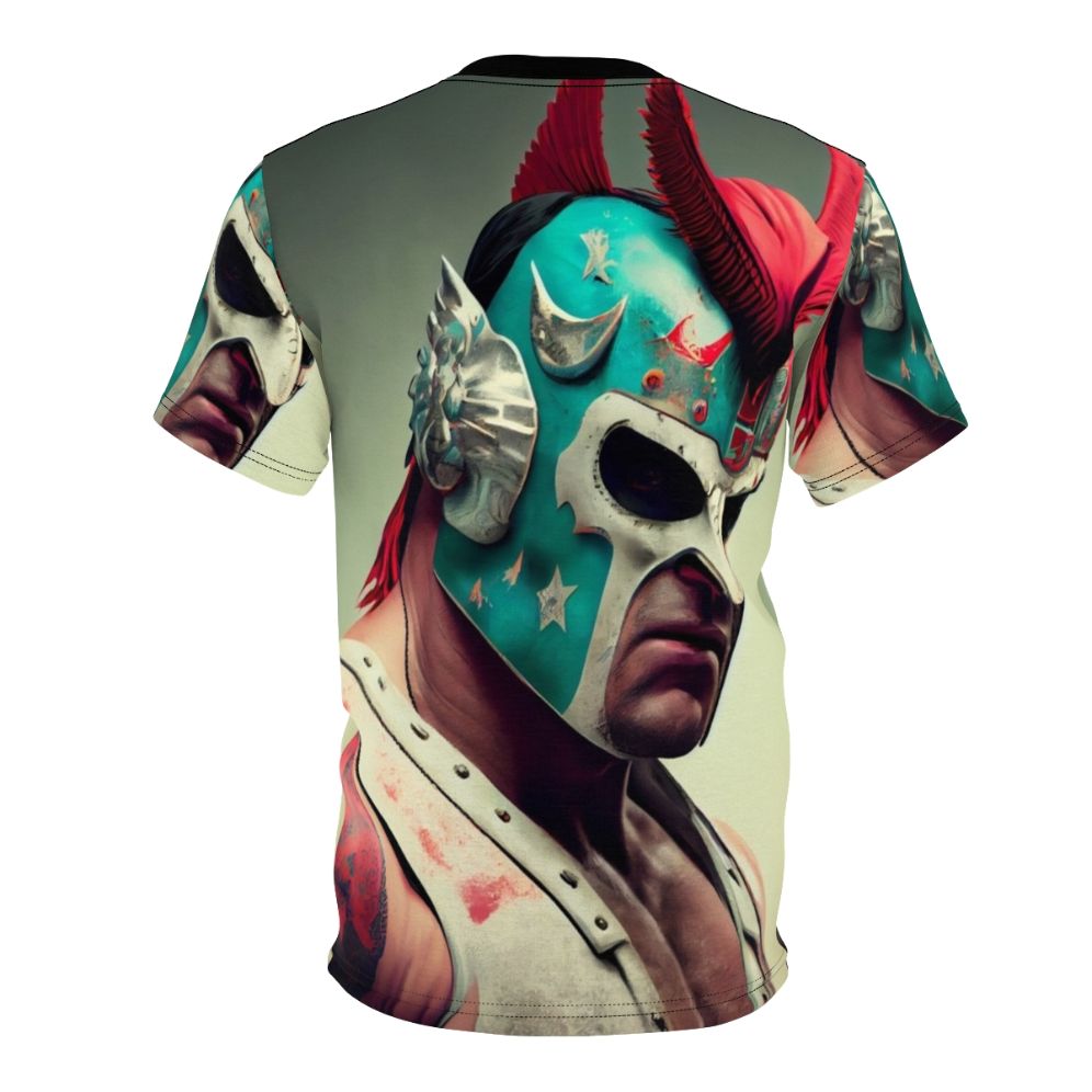 Illustration of a masked wrestler in a fighting stance on a t-shirt design - Back