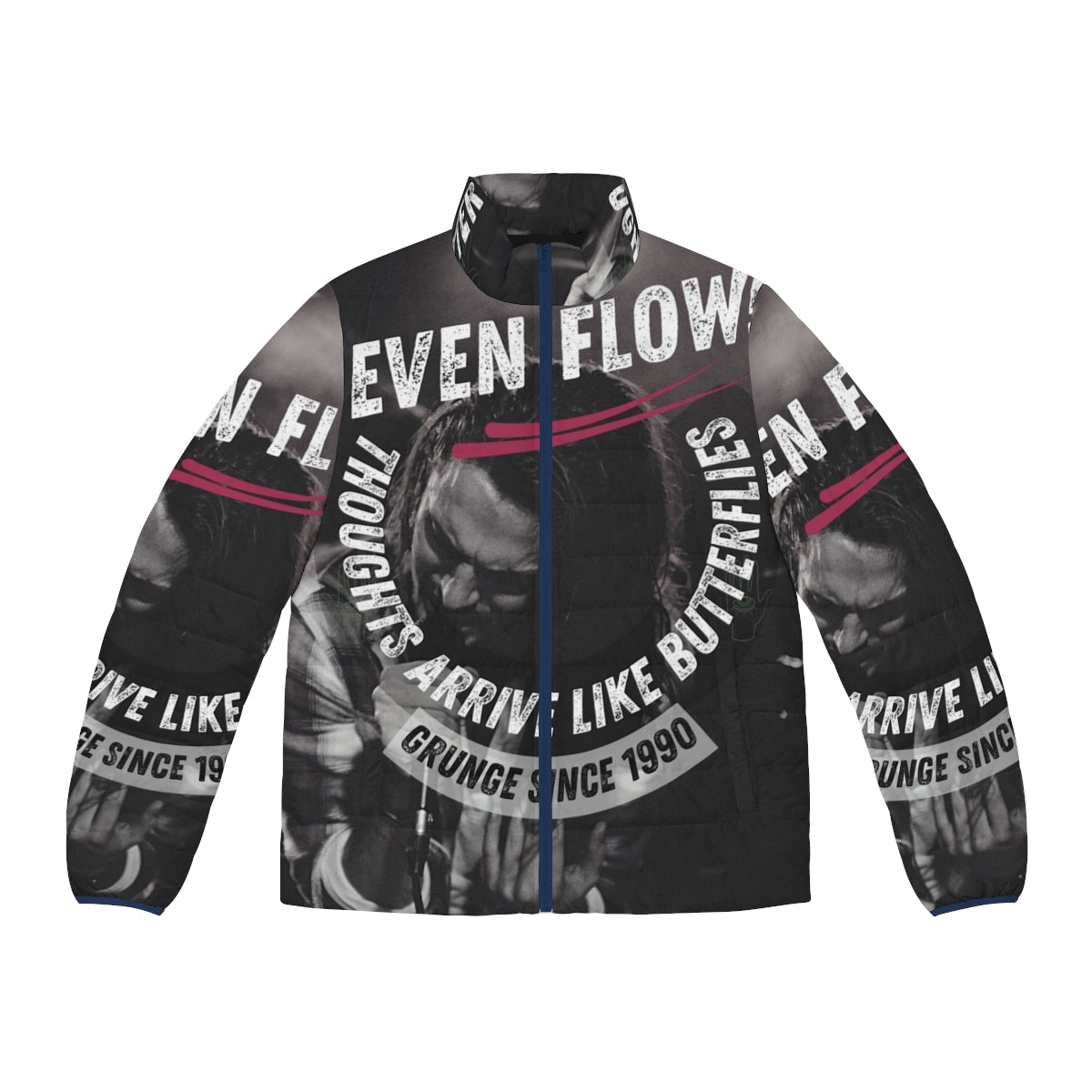 Grunge-inspired puffer jacket featuring Eddie Vedder and Pearl Jam's "Ten" album artwork