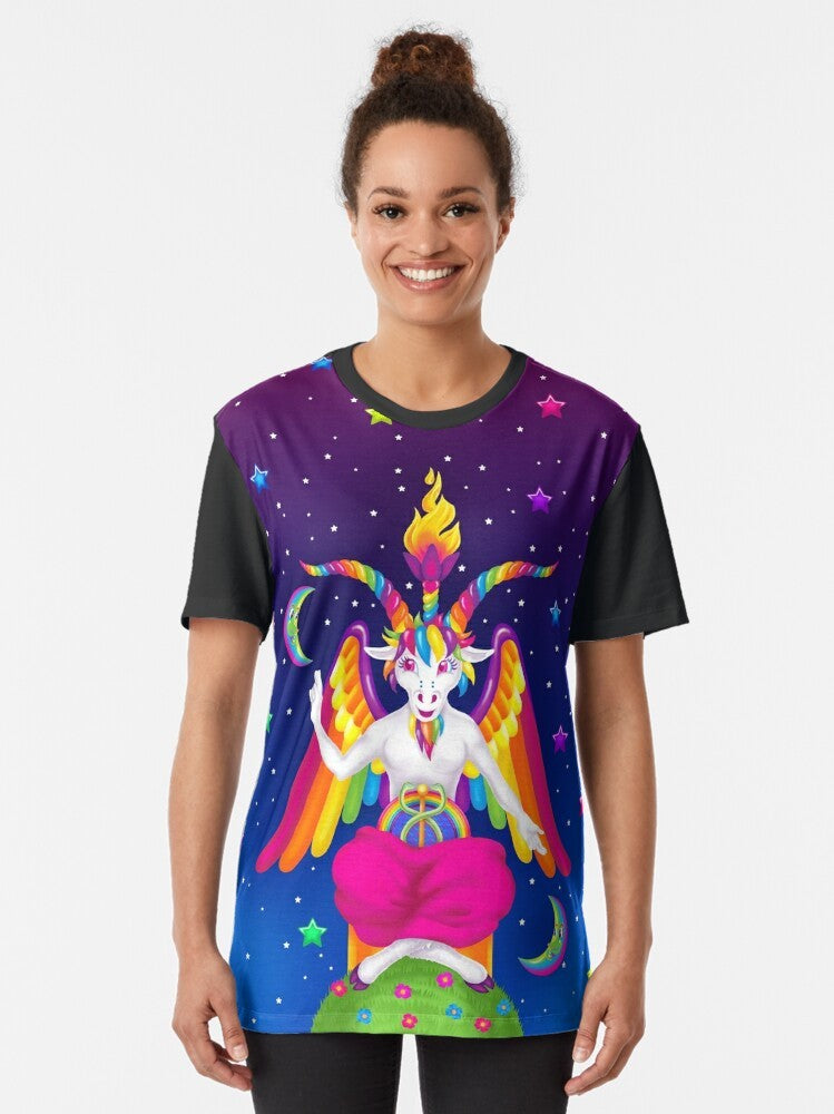 1990s neon rainbow graphic t-shirt with baphomet design - Women