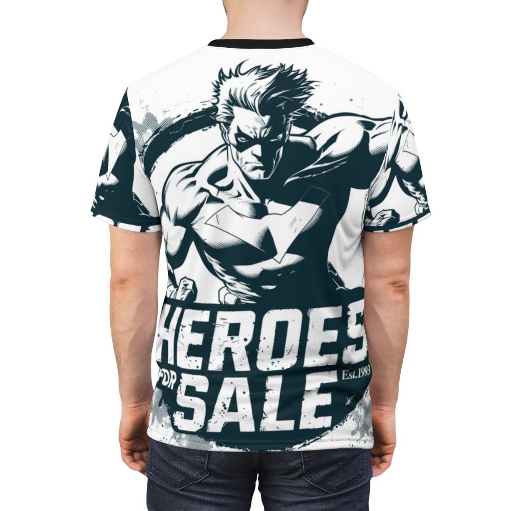 Vintage-style monochrome t-shirt design featuring a superhero character with the text "Heroes For Sale Est 1993" - men back