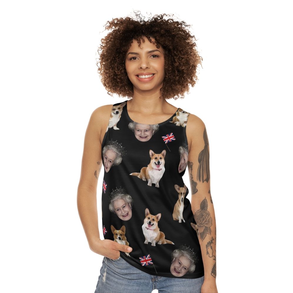 Unisex tank top featuring a pattern design of Queen Elizabeth and her corgis - women