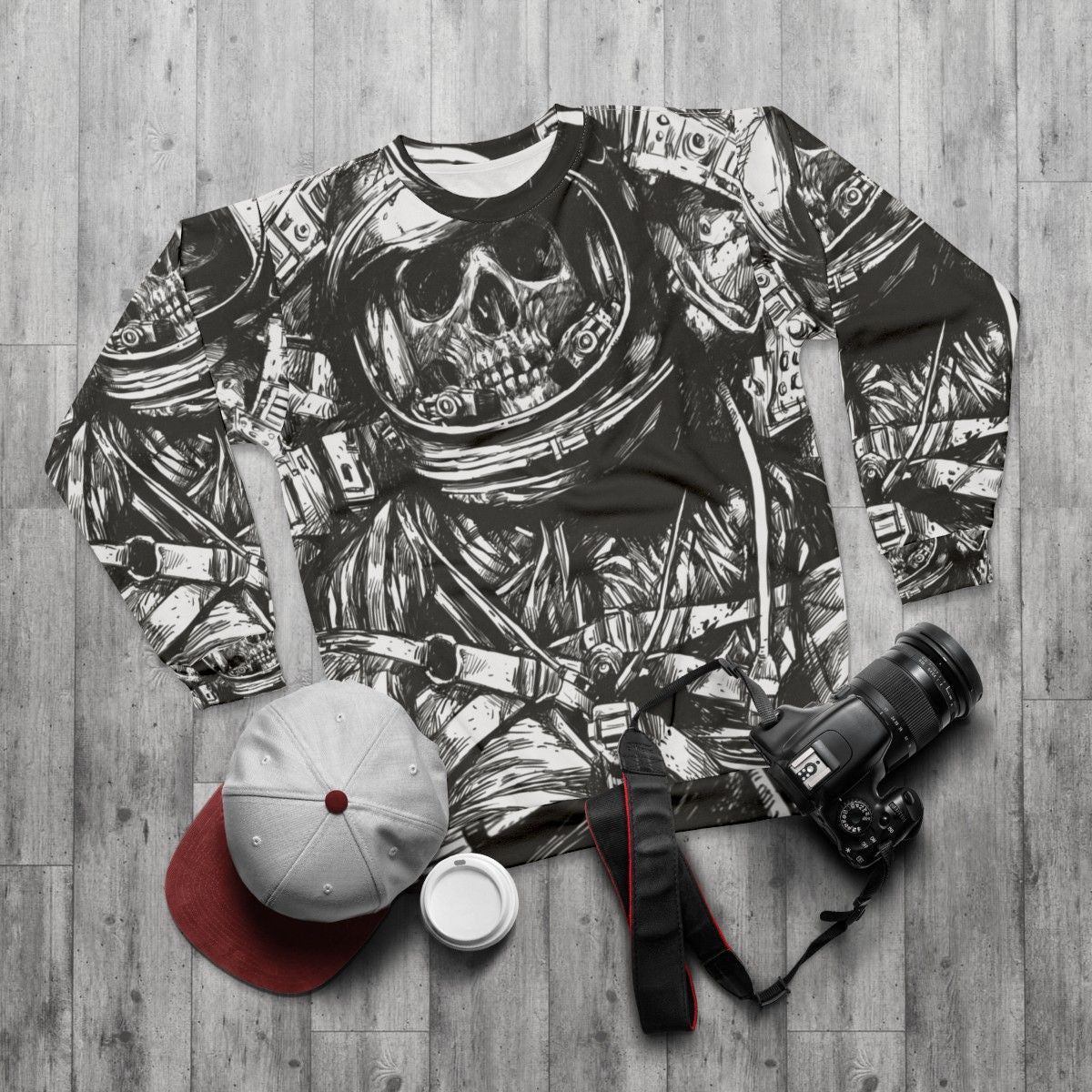 Haunting Dead Astronaut Sweatshirt with Skeleton in Space - flat lay