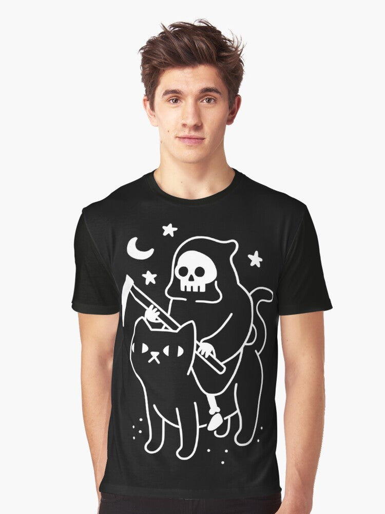 Black cat with grim reaper design on a graphic t-shirt - Men