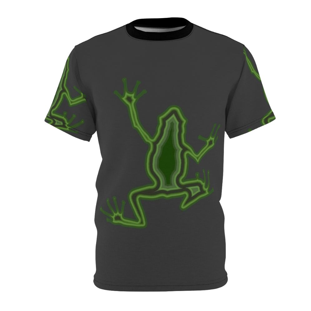 Vibrant T-shirt design featuring a colorful frog, representing legendary animals and nature