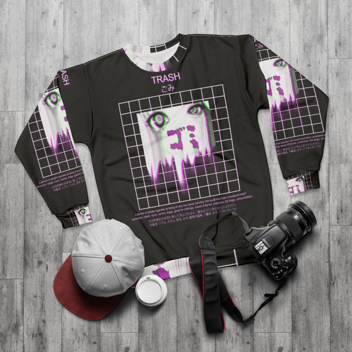 Japanese anime aesthetic sad sweatshirt - flat lay