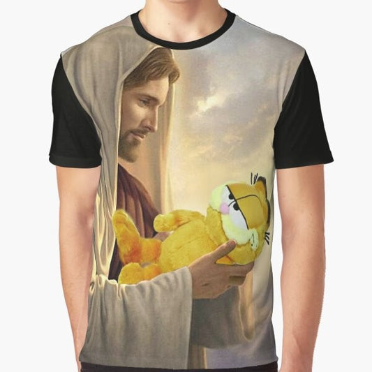 A graphic t-shirt featuring a blessed Garfield meme design.