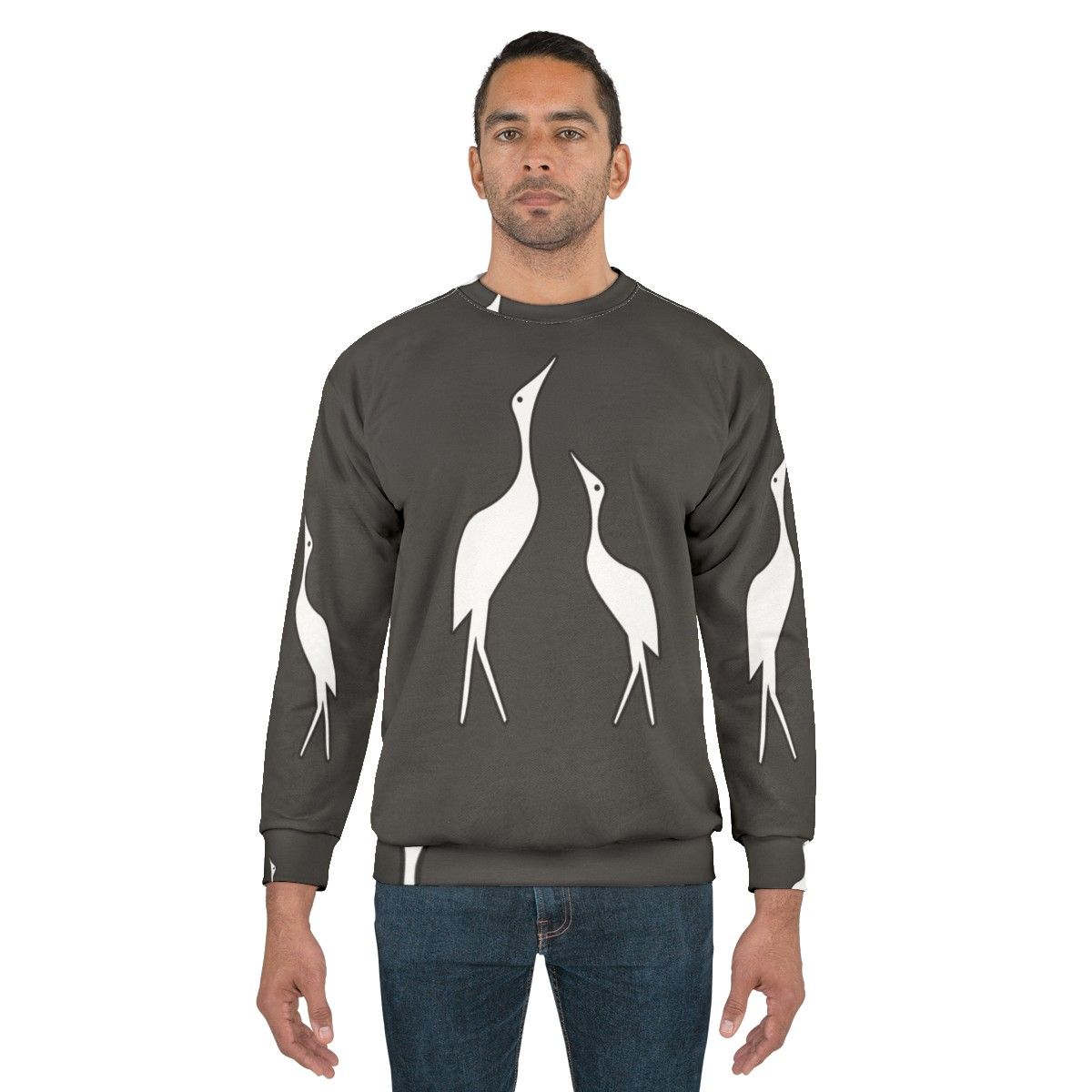 Colorful abstract sweatshirt design featuring a crane, a legendary animal, in a nature setting - men