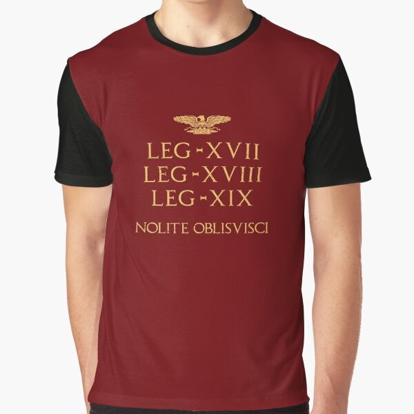 A graphic t-shirt design featuring the Battle of Teutoburg Forest and Roman legions.