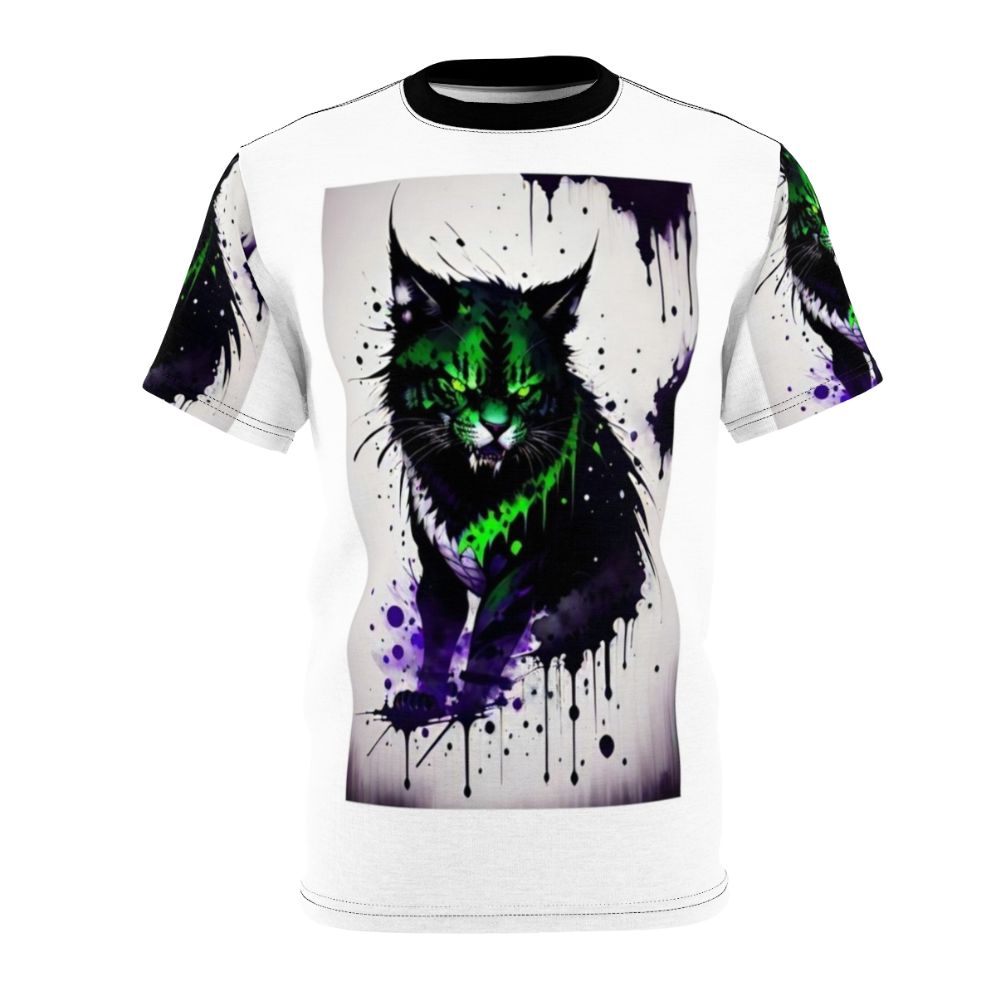 Illustration of a fantastical, mysterious cat-like creature on a t-shirt