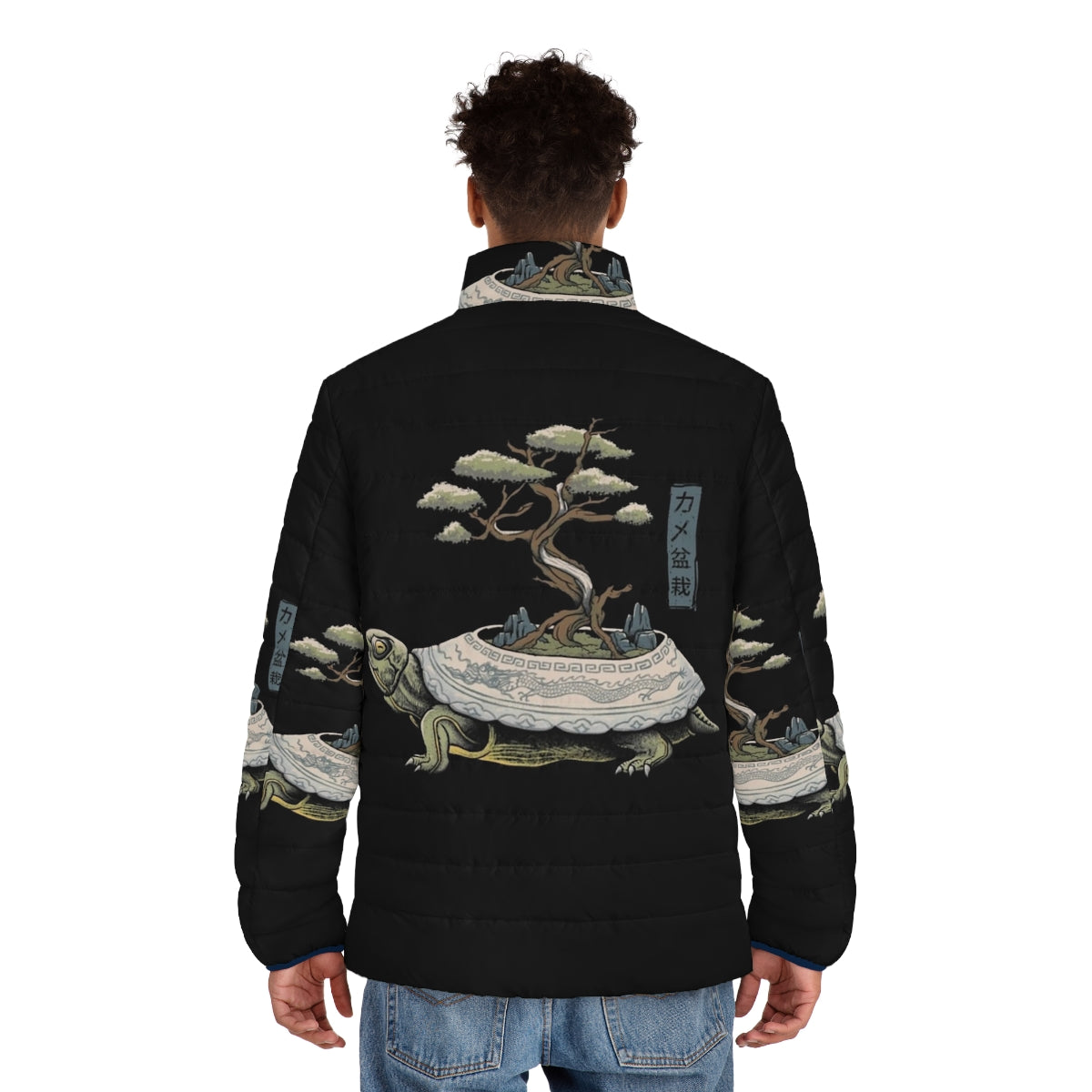 A puffer jacket with a turtle or "kame" design, featuring a Japanese-inspired nature theme. - men back