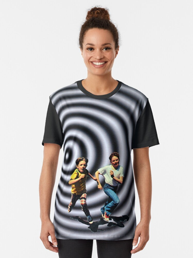 Trippy retro graphic t-shirt featuring a surreal, collaged Mindscape design - Women