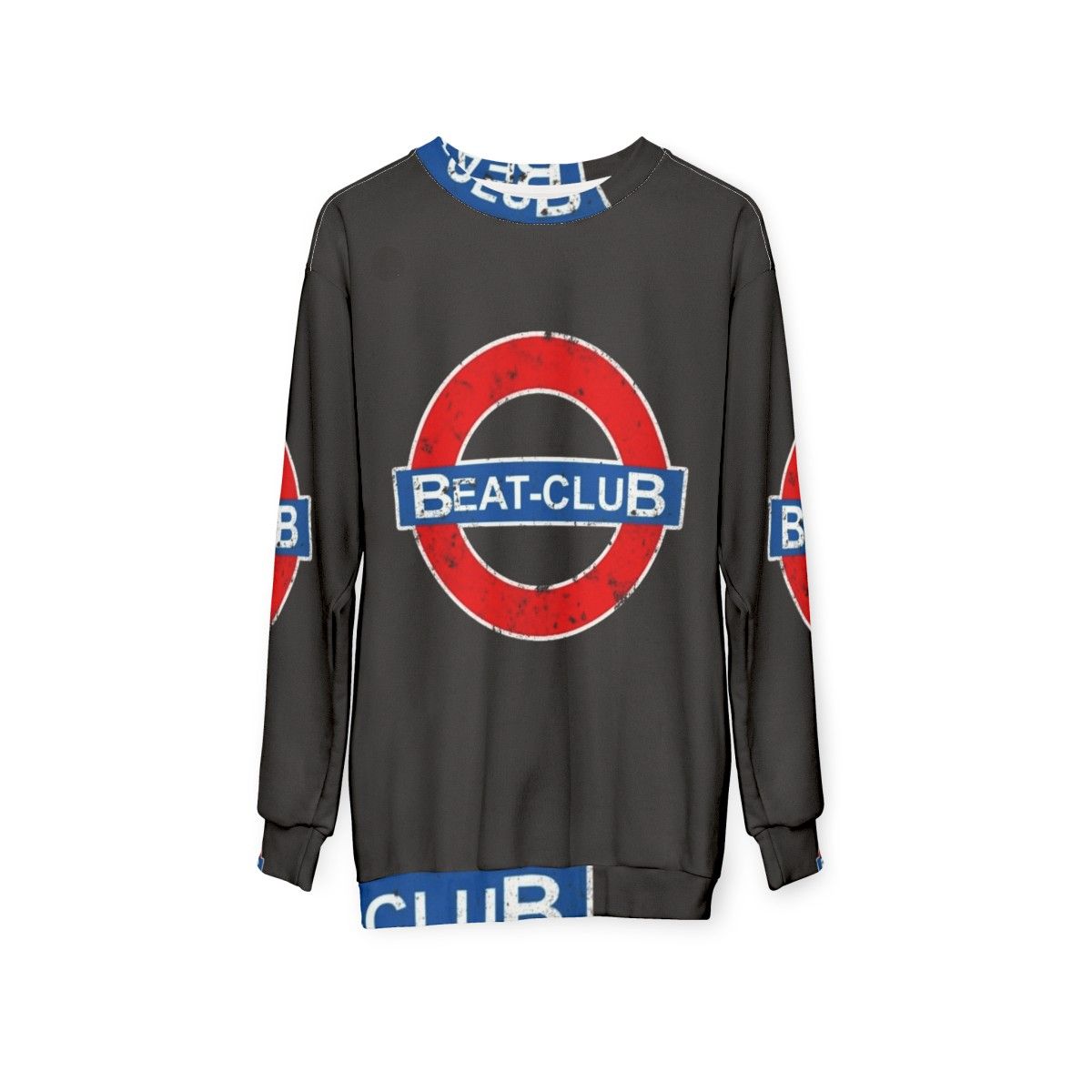 Vintage-inspired Beat Club sweatshirt with classic rock imagery - hanging