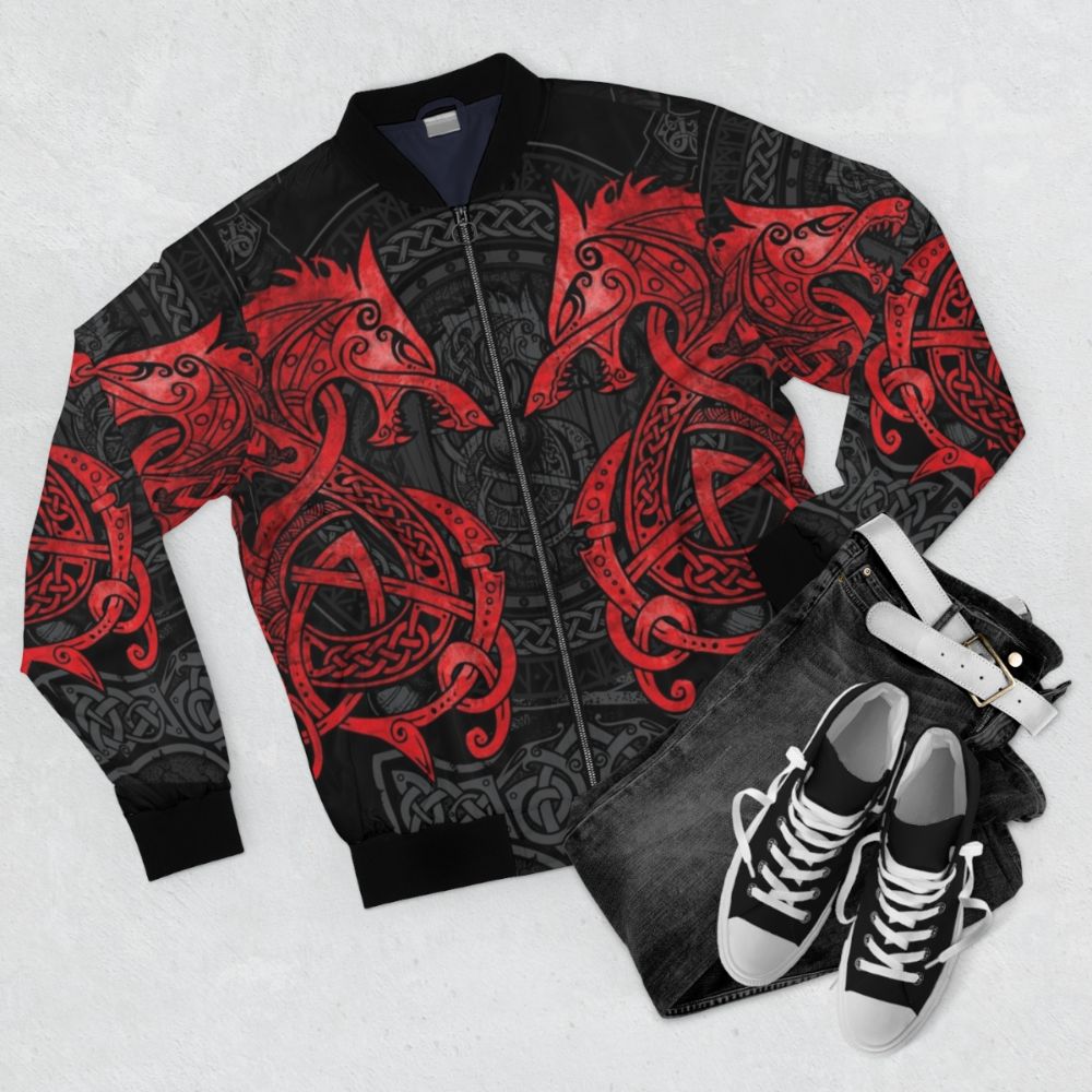 Norse Fenrir Bomber Jacket with Celtic and Viking inspired design - Flat lay