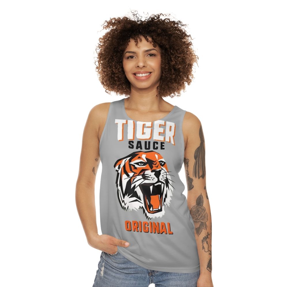 Unisex tank top with tiger sauce graphic - women