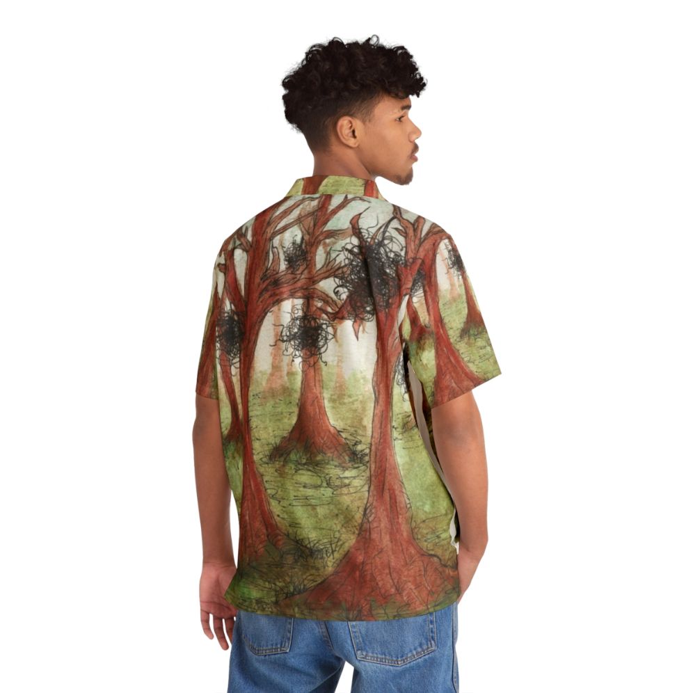 Abstract Hawaiian shirt with fantasy landscape nature design - Flat lay