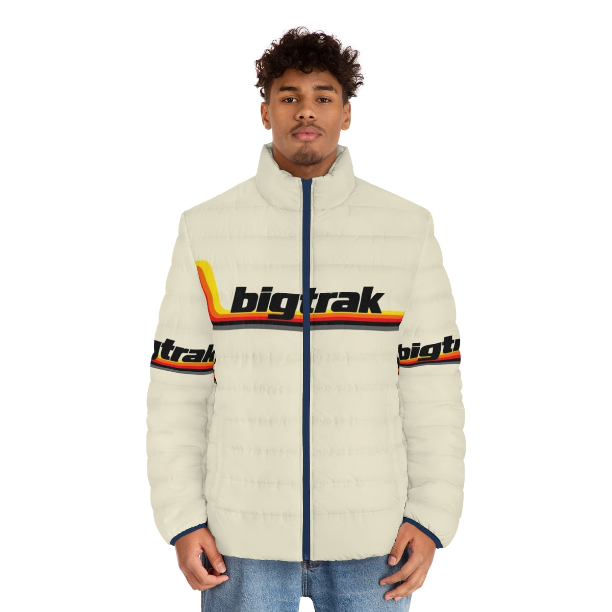 1980s Bigtrak Puffer Jacket featuring retro Milton Bradley robot tank toy design - men front