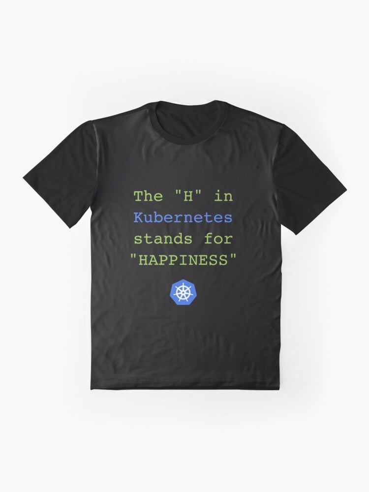 Kubernetes Happiness Graphic T-Shirt with Cloud and DevOps Elements - Flat lay