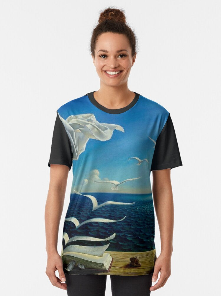 Vintage fantasy surreal print with birds, boats, and sun on a graphic t-shirt - Women