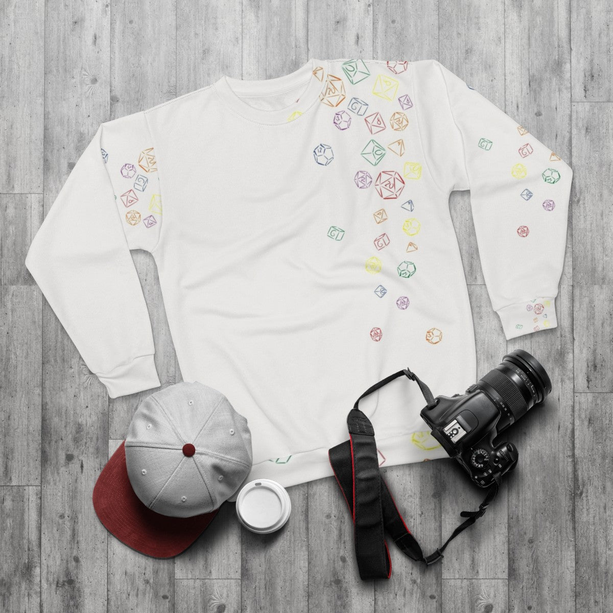 Colorful sweatshirt with a vibrant dice pattern design - flat lay