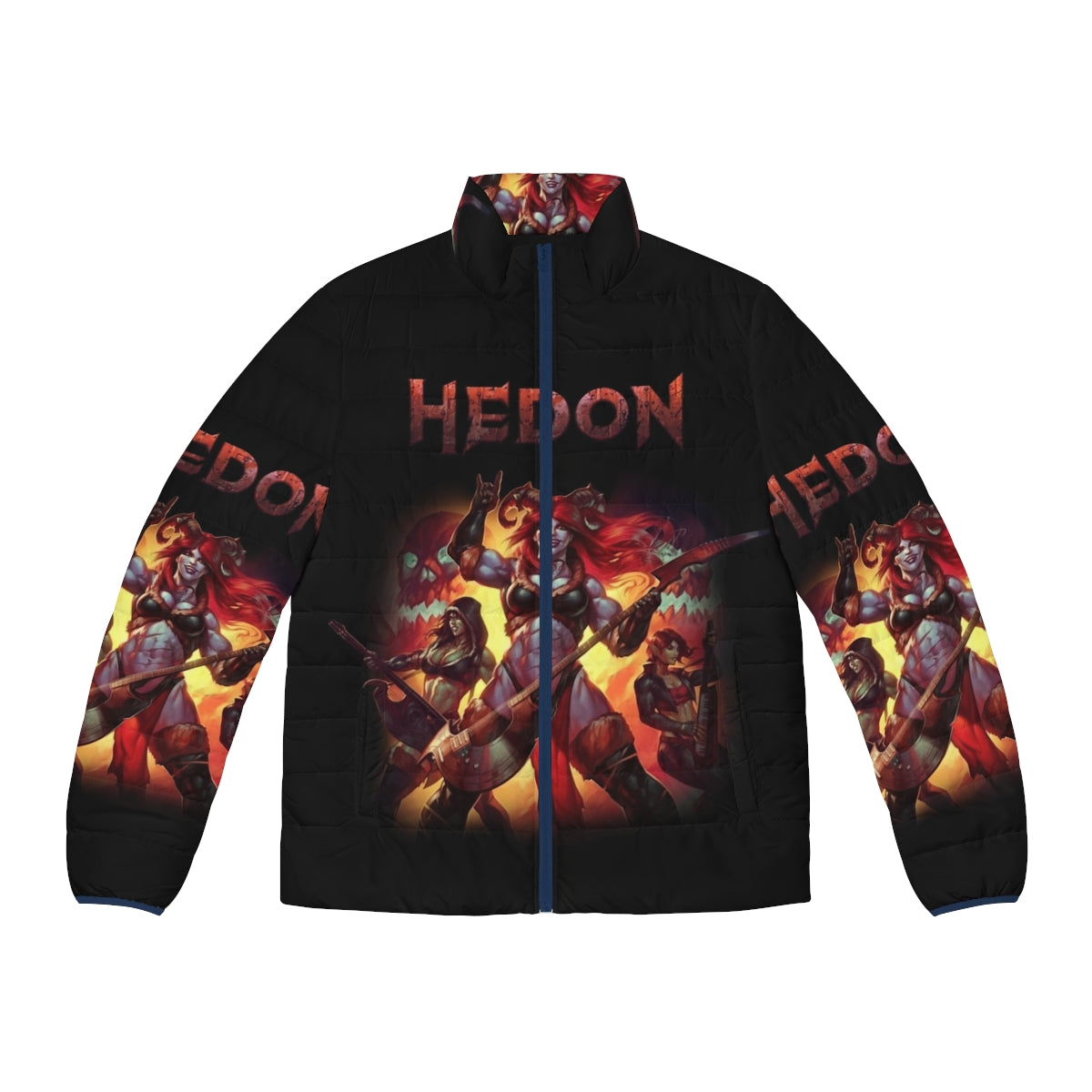 Hedon fantasy puffer jacket featuring retro video game inspired art and design