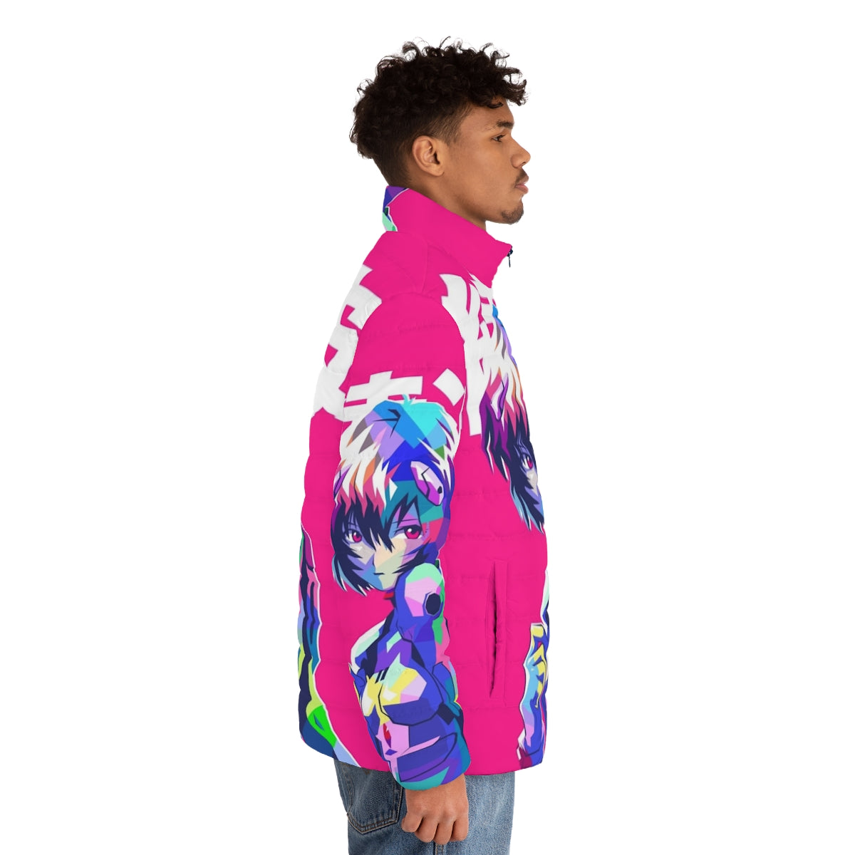 Rei Ayanami inspired puffer jacket with anime aesthetic design - men side right