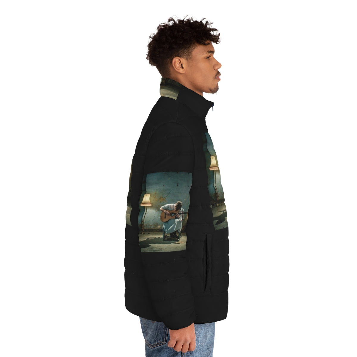 A person wearing a stylish puffer jacket with a music-inspired aesthetic - men side right