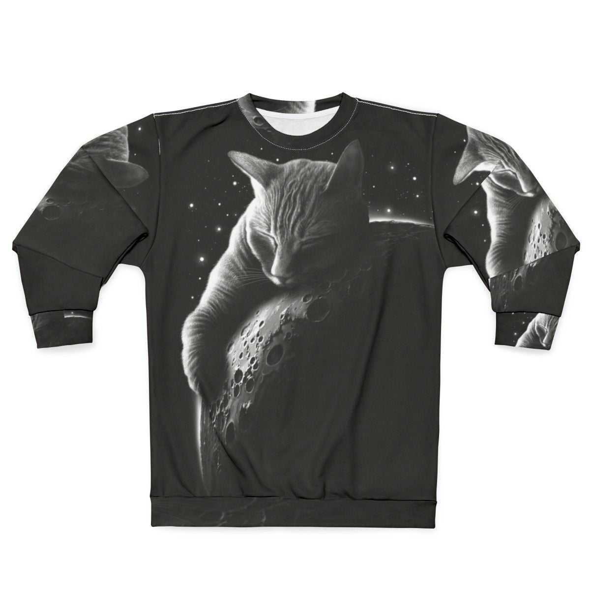 Mooncat Sweatshirt featuring a cat in a space suit against a starry night sky