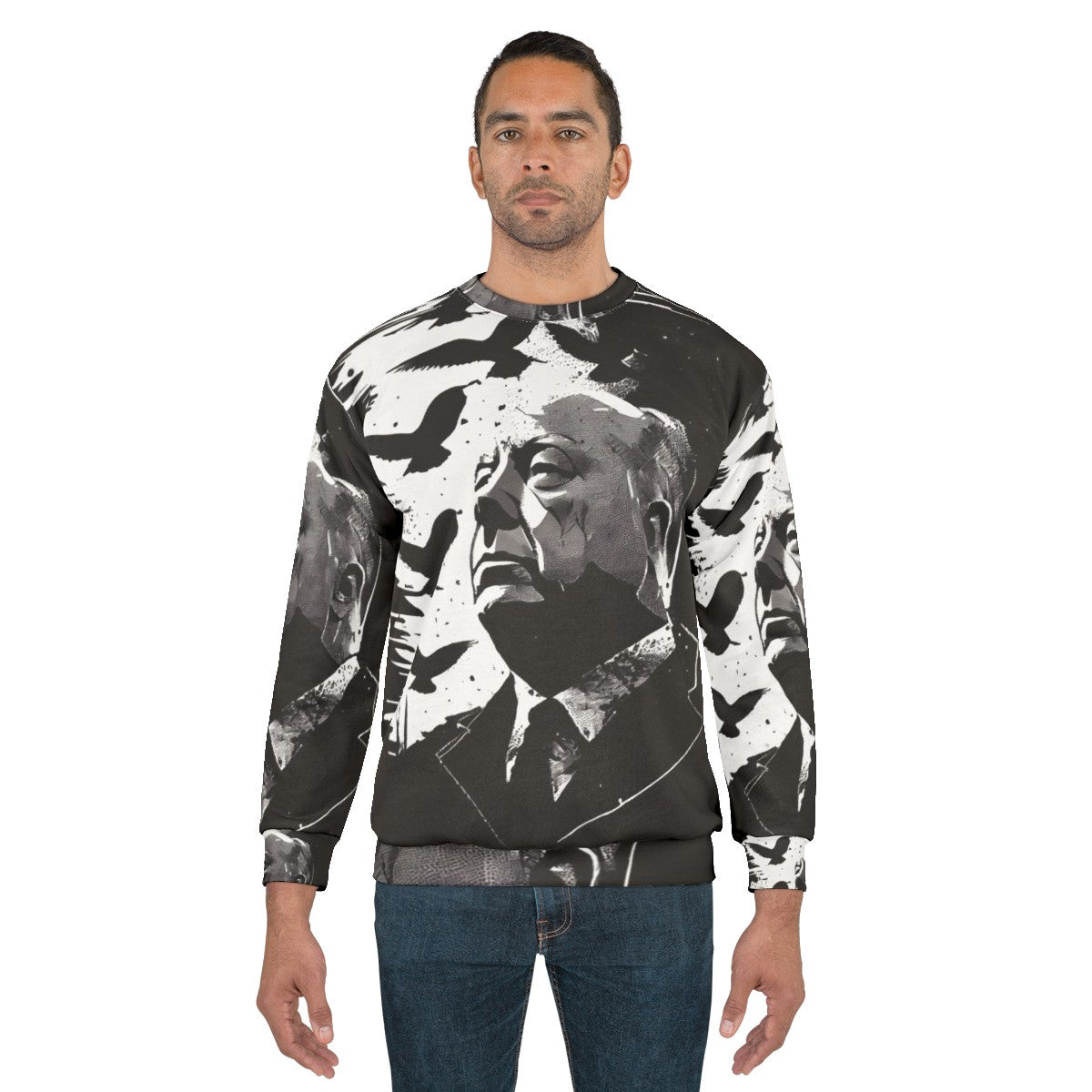 Alfred Hitchcock portrait sweatshirt with "The Birds" film reference - men