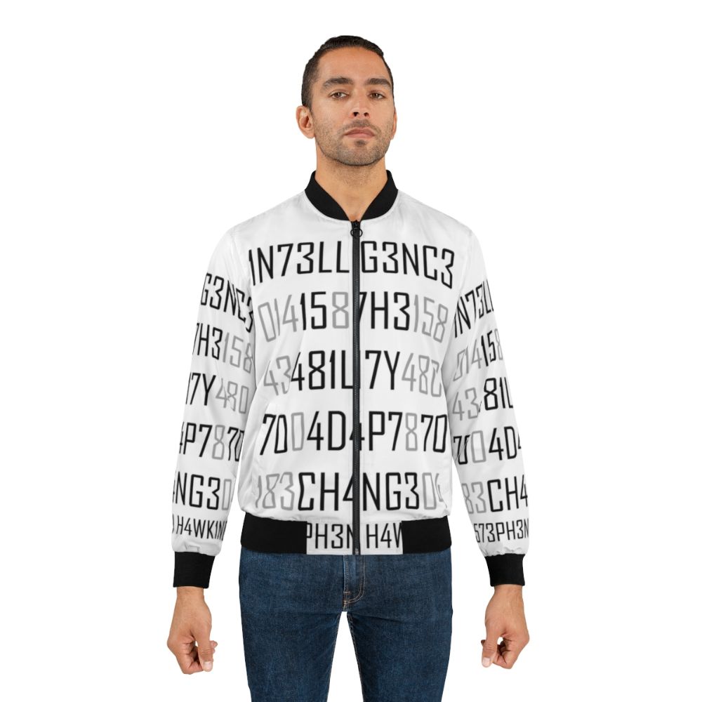 Adapt or Die Encoded Bomber Jacket featuring science and intelligence graphics - Lifestyle