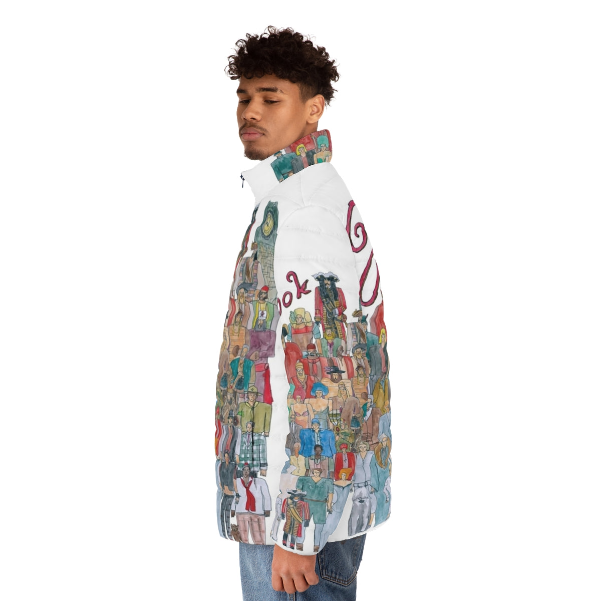 Hook Team Illustration Puffer Jacket featuring characters from the Peter Pan movie - men side left