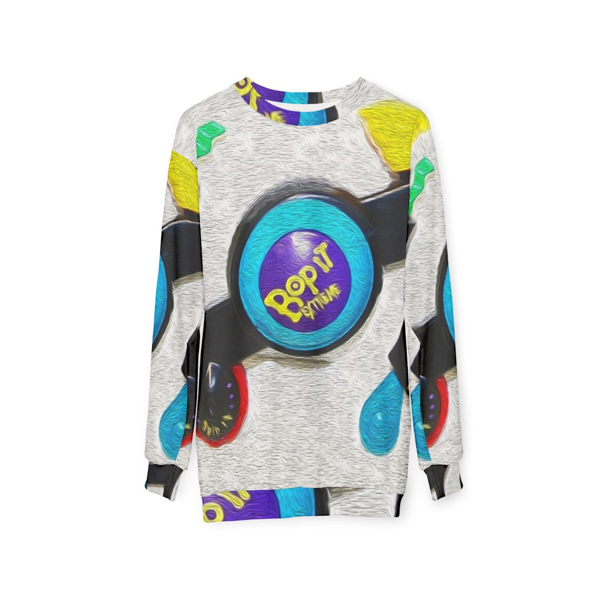 Bop It Extreme retro sweatshirt with colorful meme-inspired design - hanging