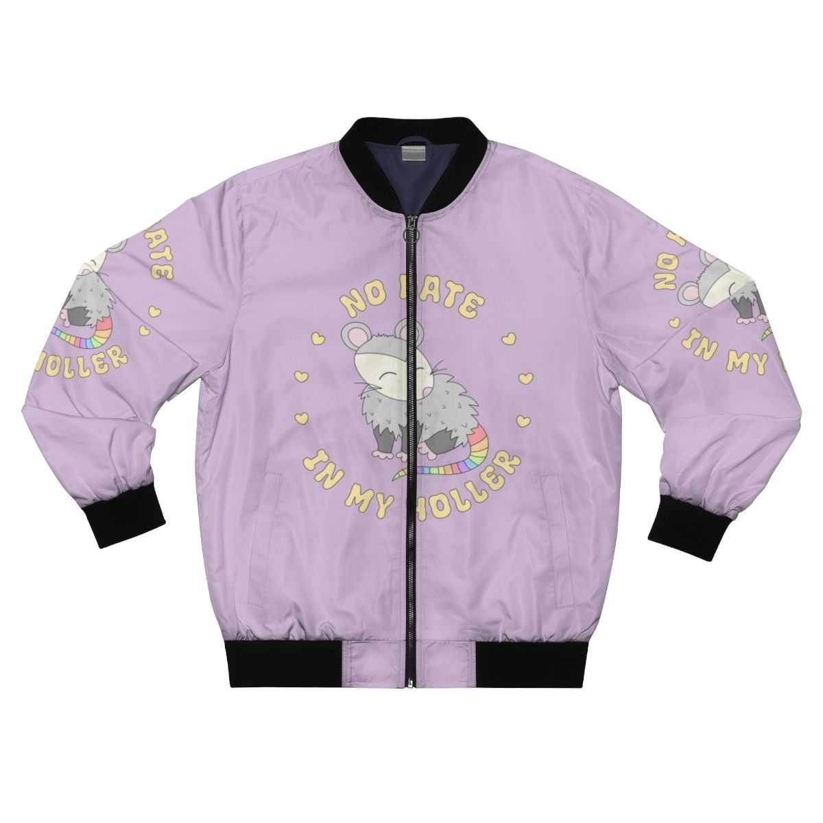 Pastel rainbow-colored bomber jacket with a cute opossum graphic, perfect for West Virginia pride.