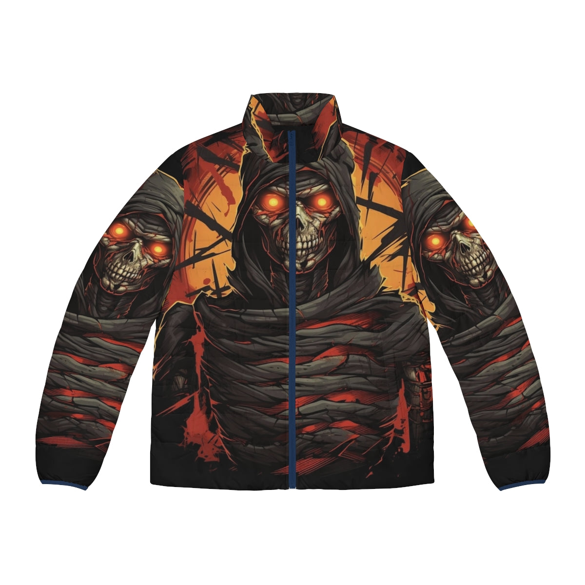 Dark 'Writhing Darkness' puffer jacket with spooky mummy design