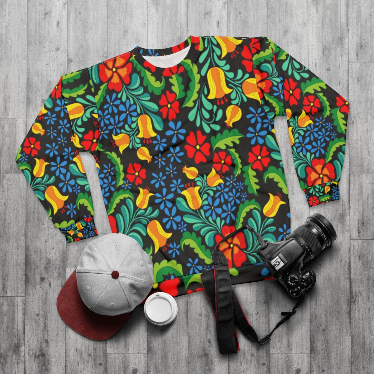 Ethnic Mexican Sweatshirt with Vibrant Abstract Floral Pattern - flat lay