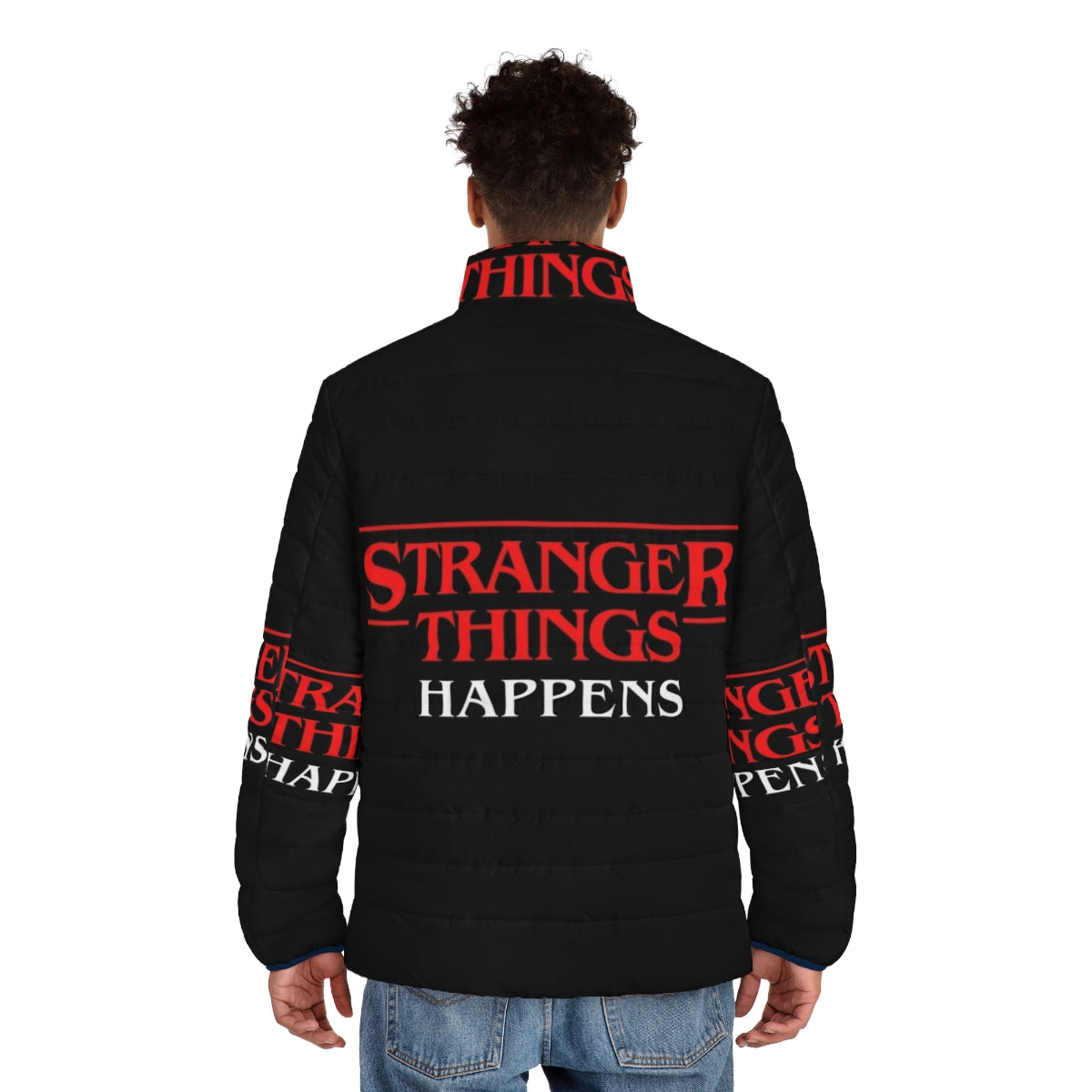 Stranger Things Puffer Jacket featuring the iconic logo and quotes from the hit Netflix series - men back