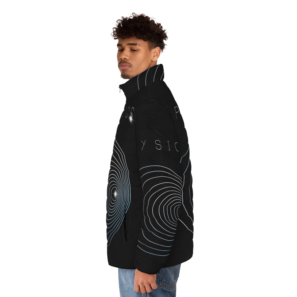 Puffer jacket with physics doppler effect graphic design - men side left