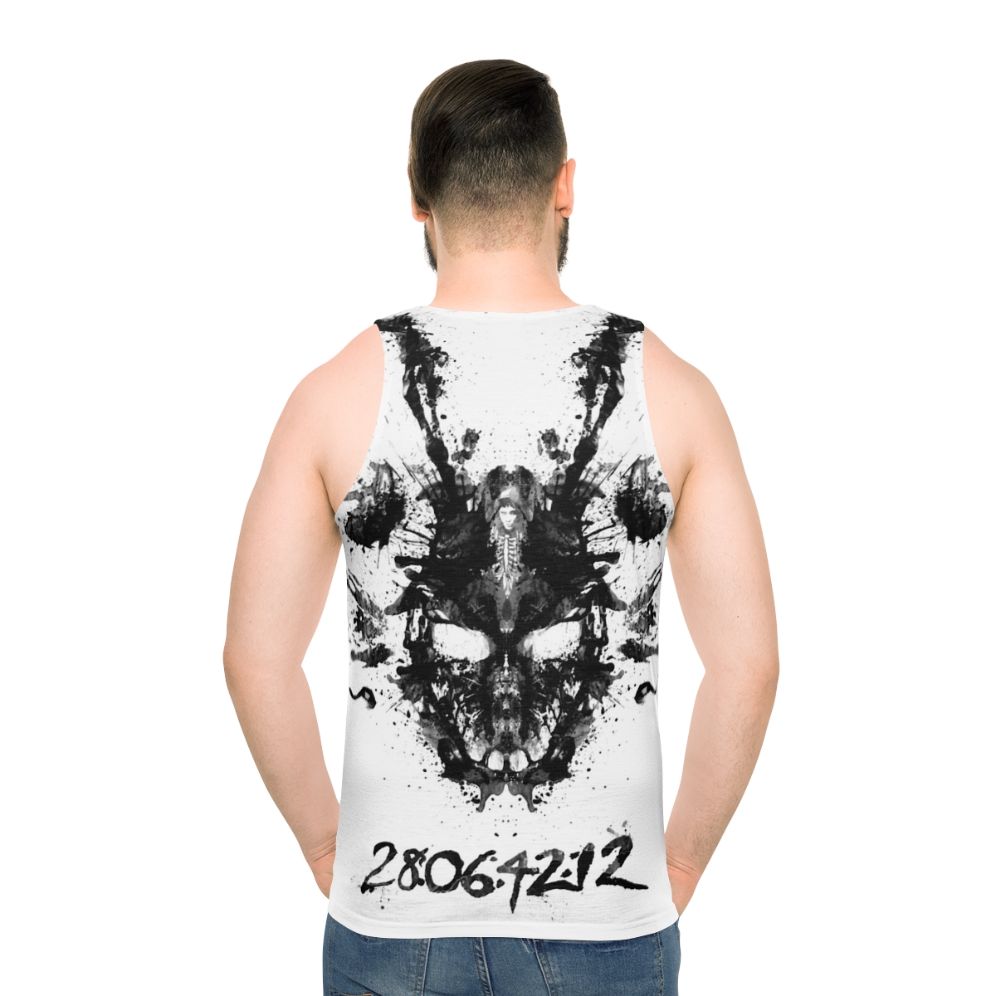 Donnie Darko inspired unisex tank top with Rorschach inkblot and Frank the Bunny - men back