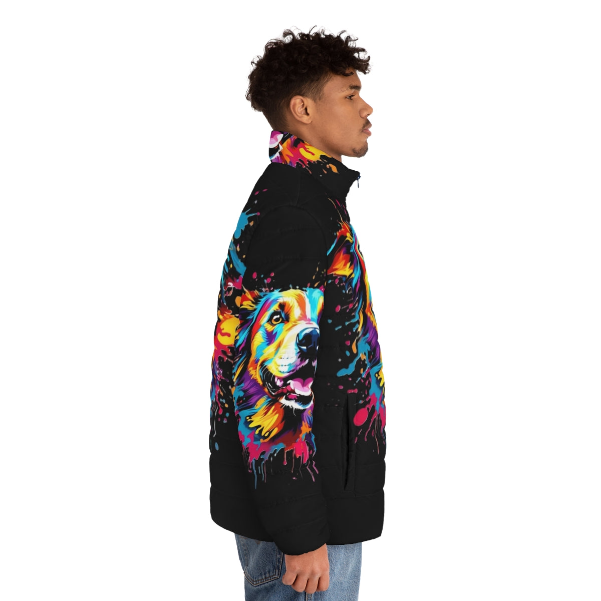 Colorful puffer jacket with a dog splash print design - men side right