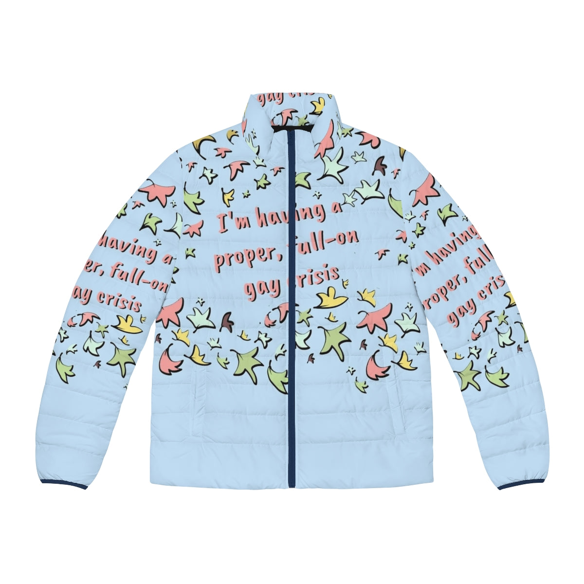 Heartstopper inspired puffer jacket featuring leaves design and Nick and Charlie characters