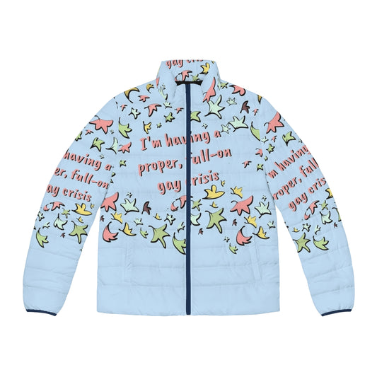 Heartstopper inspired puffer jacket featuring leaves design and Nick and Charlie characters