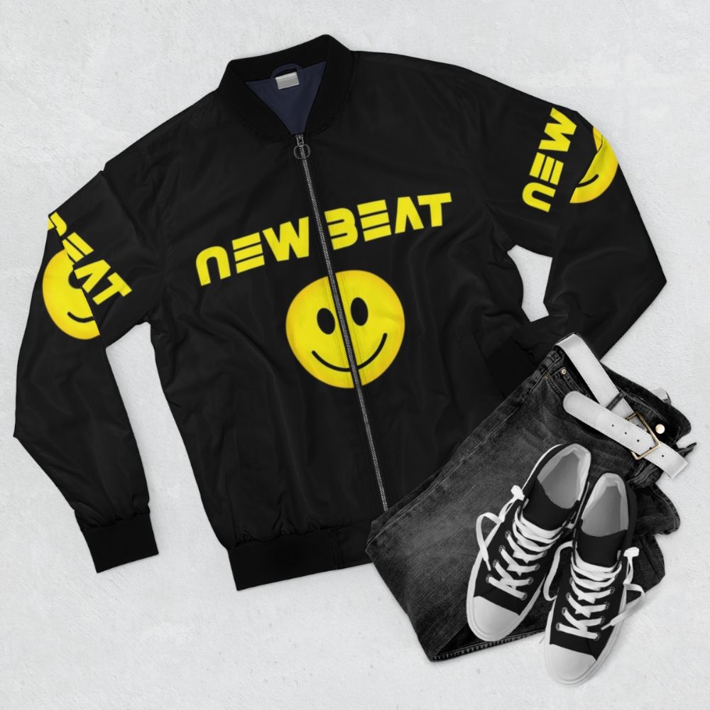 NEW BEAT (TSOB) Techno Bomber Jacket for Electronic Music and Rave Enthusiasts - Flat lay