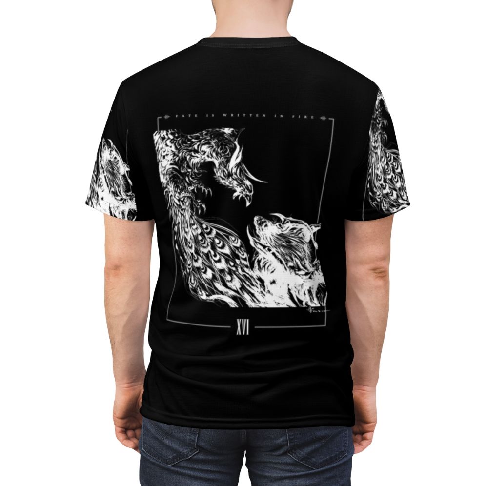 Monochrome graphic tee inspired by Final Fantasy XVI with characters Clive Rosfield, Ifrit, and Phoenix - men back